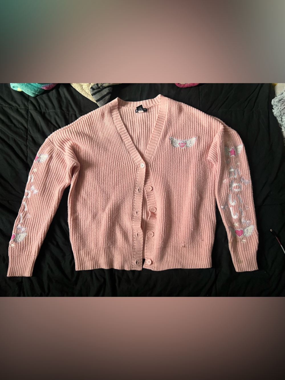 Hot Topic Pink Embroidered Heart & Wing V‑Neck Cardigan
